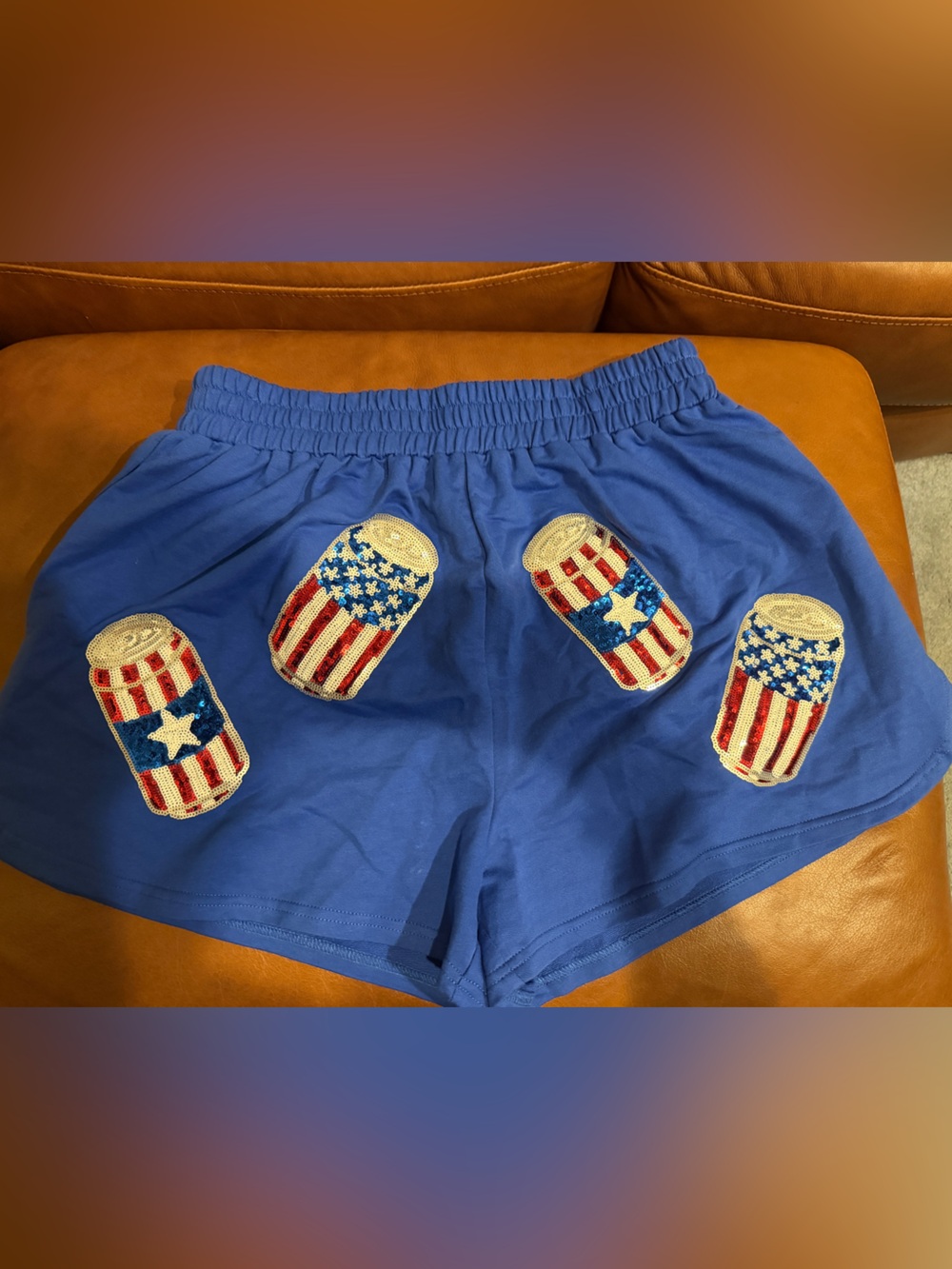 NWT! Sz L Blue Shorts with Americana Sequin Can Appliqués